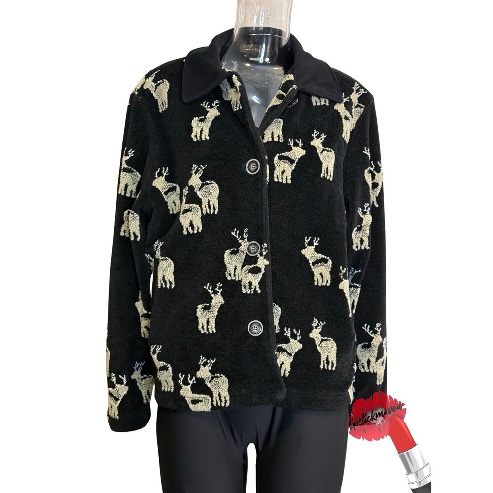 David Paul New York Fleece Jacket Womens Large Black Moose AOP Nature Vintage